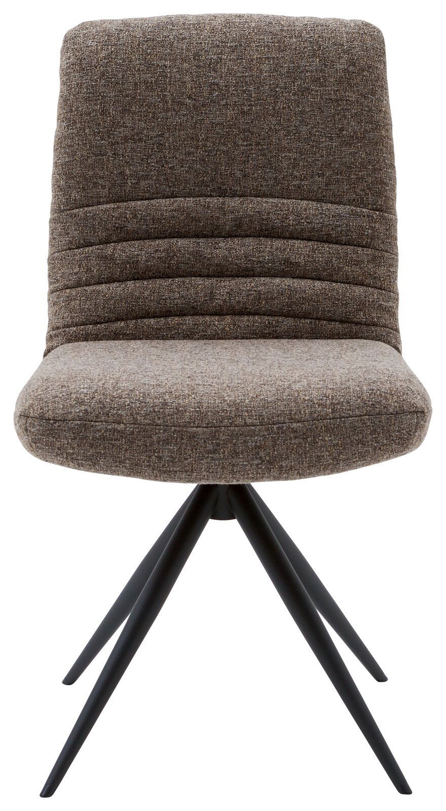 Moderner Stuhl mit gepolsterter Rückenlehne und Sitzfläche in braunem Stoff, auf schwarzem Metallgestell, Frontalansicht.