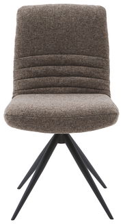 Moderner Stuhl mit gepolsterter Rückenlehne und Sitzfläche in braunem Stoff, auf schwarzem Metallgestell, Frontalansicht.