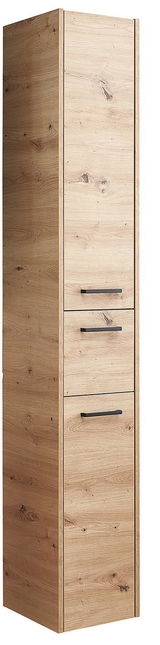 Hochschrank aus Holz mit drei Schubladen, seitliche Perspektive