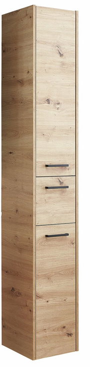 Hochschrank aus Holz mit drei Schubladen, seitliche Perspektive