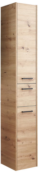 Hochschrank aus Holz mit drei Schubladen, seitliche Perspektive