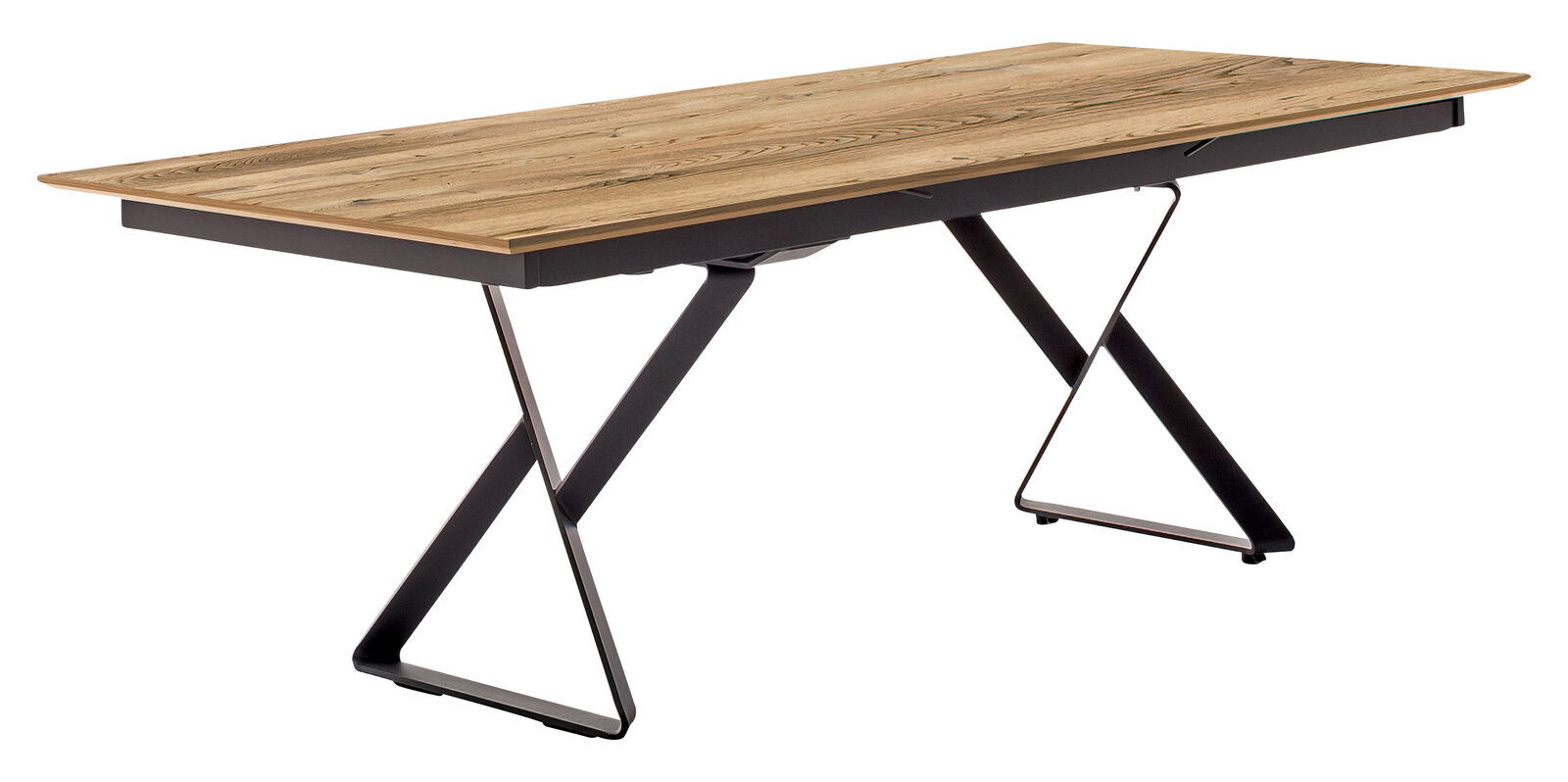 Moderner Esstisch mit Holzplatte und schwarzen Metallbeinen in seitlicher Perspektive