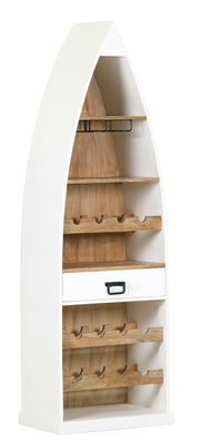 Weißes Bar-Regal in Bootsform mit mehreren Ablagen und einer Schublade, seitliche Perspektive.