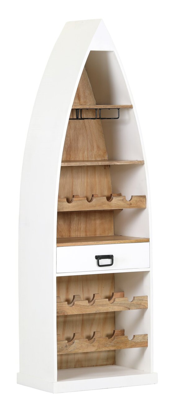 Landscape Bar-Regal BOOT DOCK Weißes Bar-Regal in Bootsform mit mehreren Ablagen und einer Schublade, seitliche Perspektive.