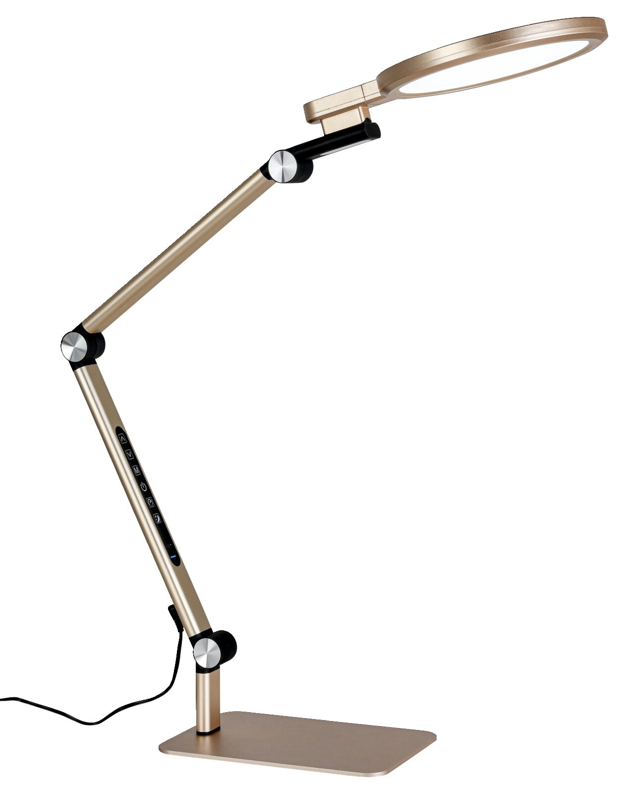 Goldfarbene LED-Schreibtischlampe mit ringförmigem Leuchtkopf, verstellbarem Gelenkarm und rechteckigem Standfuß, Seitenansicht leicht von vorn auf weißem Hintergrund