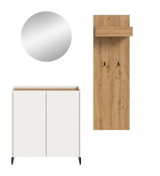 Set aus modernem Garderobenmöbel: runder Wandspiegel, weißes Sideboard mit Holzablage und schwarzen Füßen sowie hohe Garderobenpaneel aus Holz mit Hutablage und Haken, freigestellt auf weißem Hintergrund, Ansicht von vorne