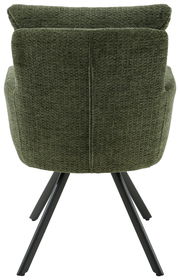 Rückansicht eines grünen Armlehnstuhls mit schwarzem Metallgestell