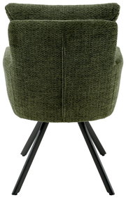 Rückansicht eines grünen Armlehnstuhls mit schwarzem Metallgestell