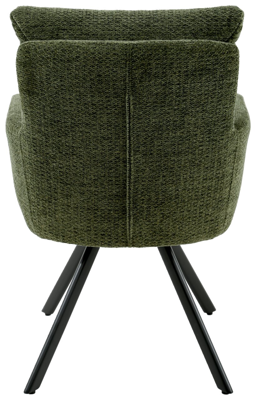 Rückansicht eines grünen Armlehnstuhls mit schwarzem Metallgestell