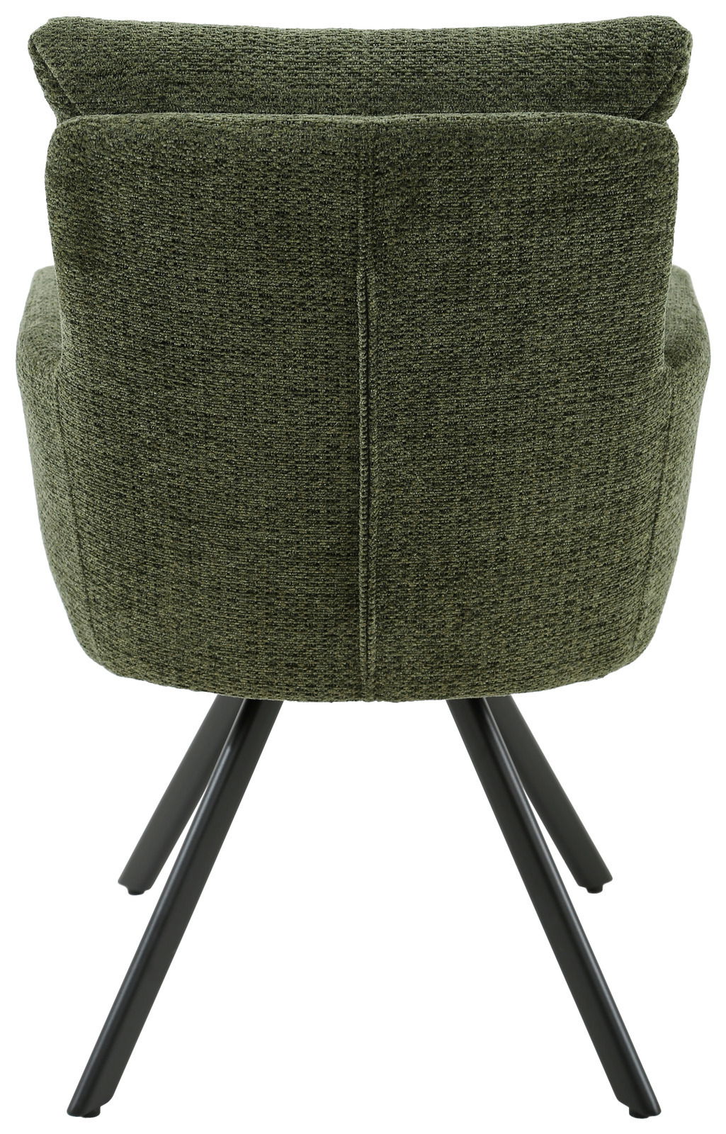 Rückansicht eines grünen Armlehnstuhls mit schwarzem Metallgestell