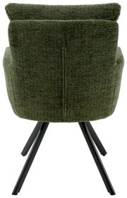 Achterkant van een groene fauteuil met een zwart metalen frame