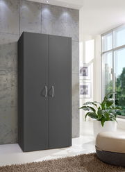 Moderner grauer Mehrzweckschrank in einem hellen Raum, frontal betrachtet, mit Pflanzen und großen Fenstern im Hintergrund.