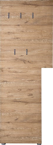 Frontale Ansicht einer Garderobenkombination aus Holz mit mehreren Haken, natürliche Holzmaserung sichtbar.