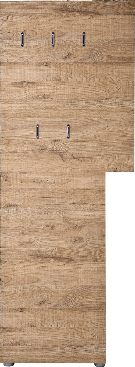 Frontale Ansicht einer Garderobenkombination aus Holz mit mehreren Haken, natürliche Holzmaserung sichtbar.