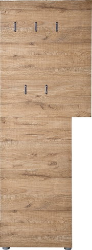 Frontale Ansicht einer Garderobenkombination aus Holz mit mehreren Haken, natürliche Holzmaserung sichtbar.