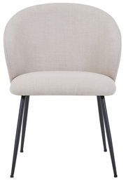 Moderner Stuhl mit hellgrauem Stoffbezug und schwarzen Metallbeinen, Frontalansicht