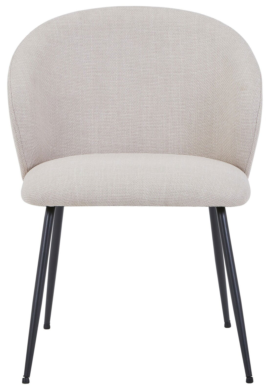 Moderner Stuhl mit hellgrauem Stoffbezug und schwarzen Metallbeinen, Frontalansicht