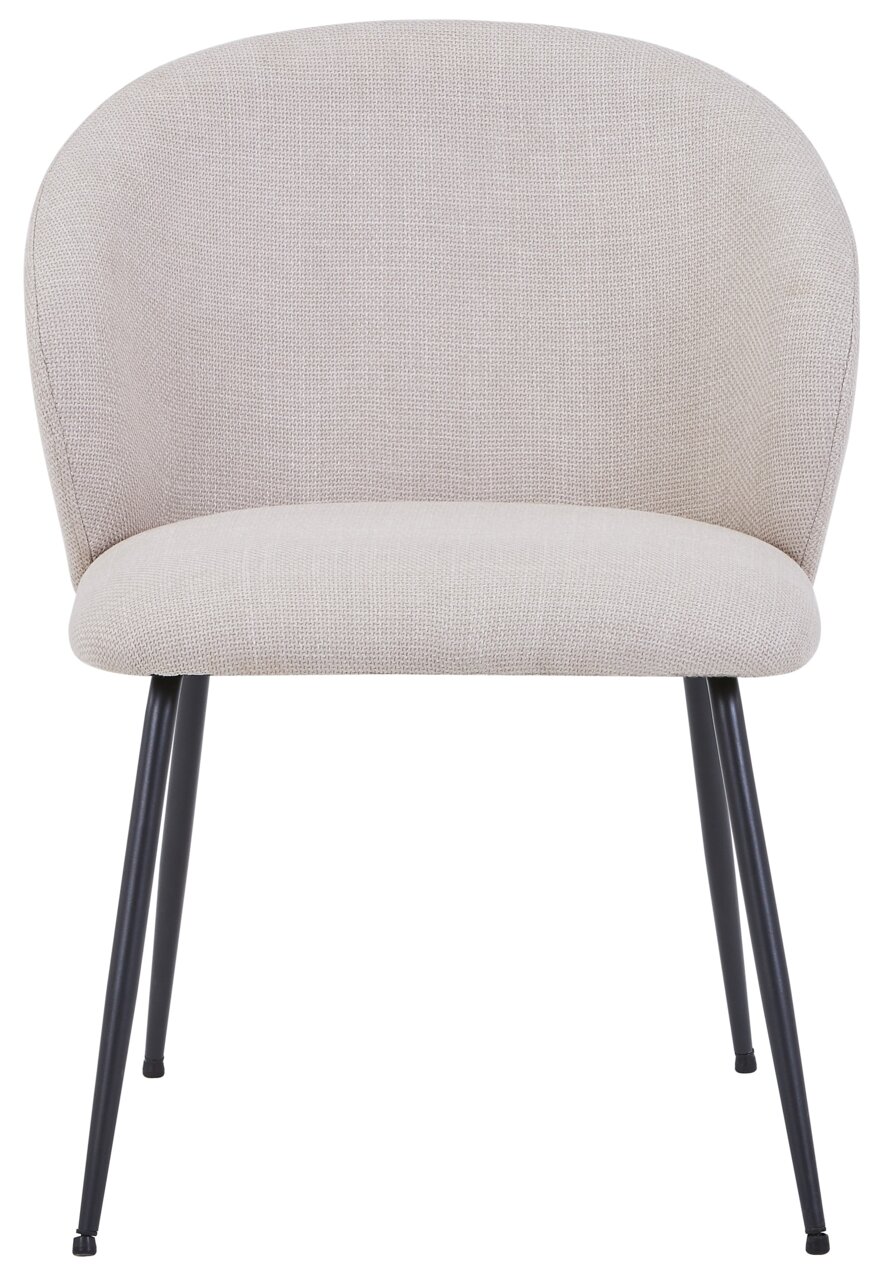 Moderner Stuhl mit hellgrauem Stoffbezug und schwarzen Metallbeinen, Frontalansicht