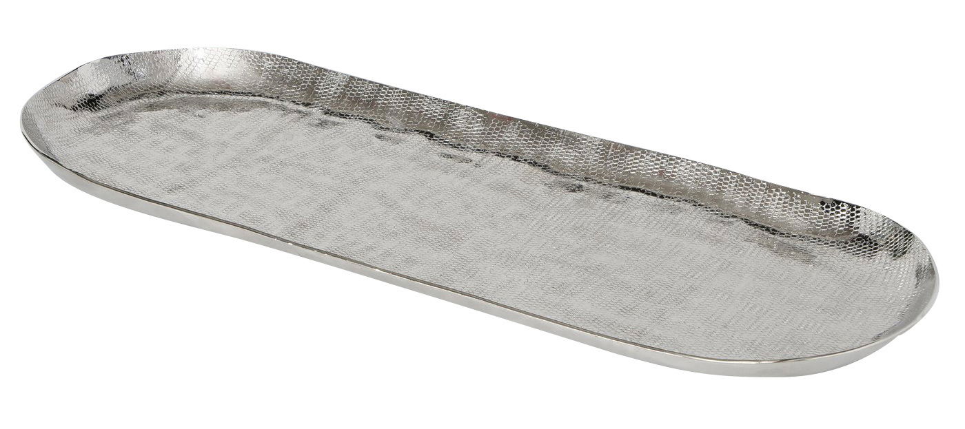 Rechteckiges Tablett aus Aluminium mit gehämmerter Oberfläche, seitliche Perspektive