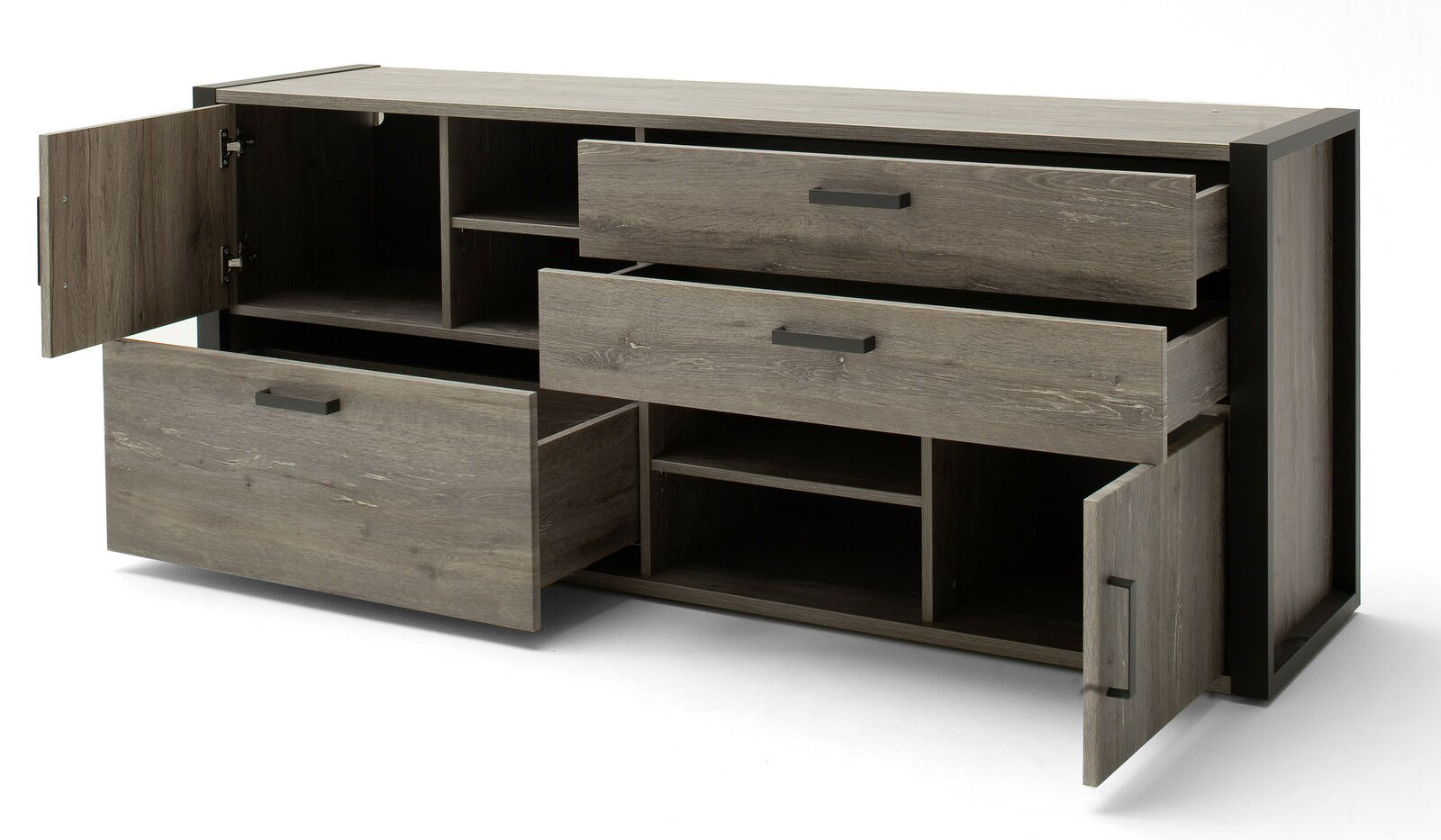 Holz-Sideboard mit offenen Schubladen und Türen, seitliche Perspektive