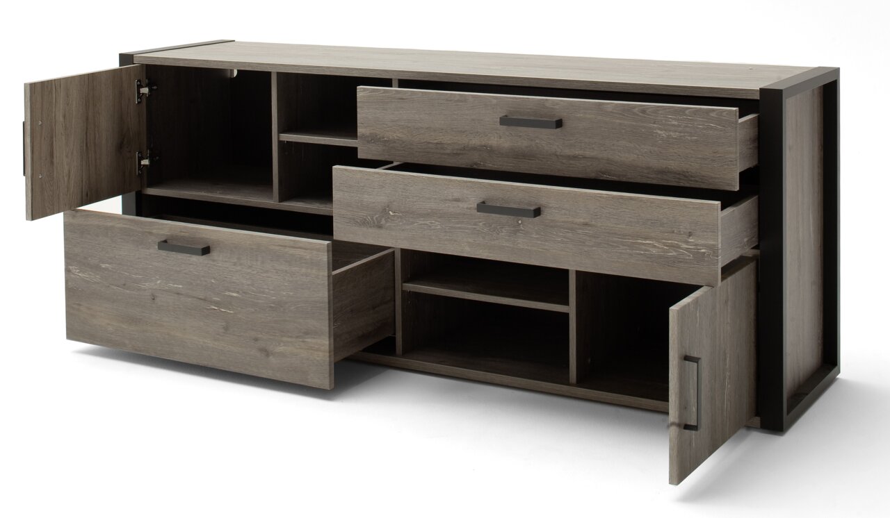 Houten dressoir met open lades en deuren, zijaanzicht