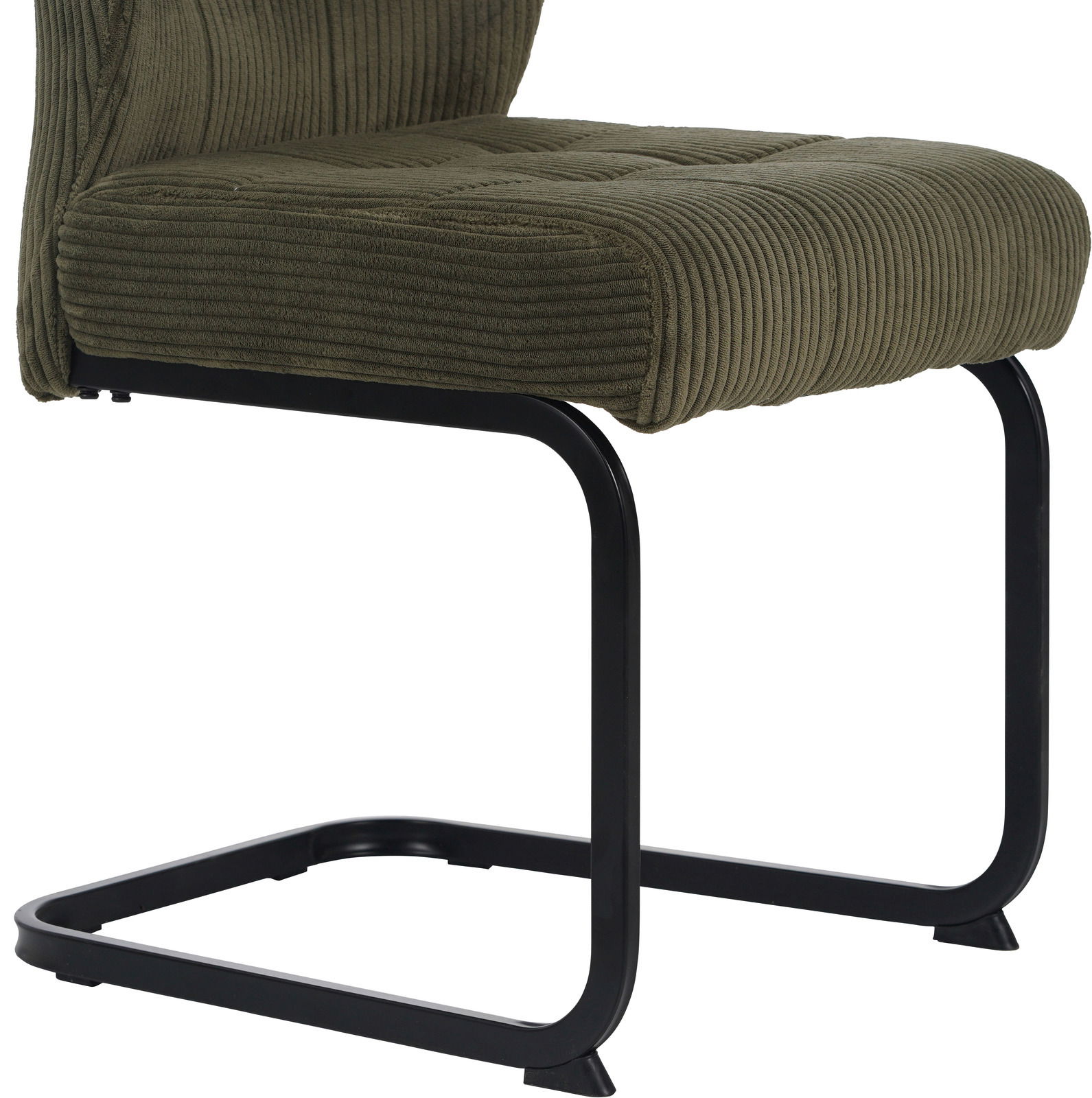 Grüner Schwingstuhl mit schwarzem Metallgestell, seitliche Perspektive