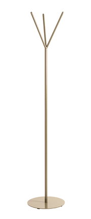 Moderner Garderobenständer in Beige/Champagner mit drei Haken und rundem Standfuß, freigestellt auf weißem Hintergrund, Frontansicht.