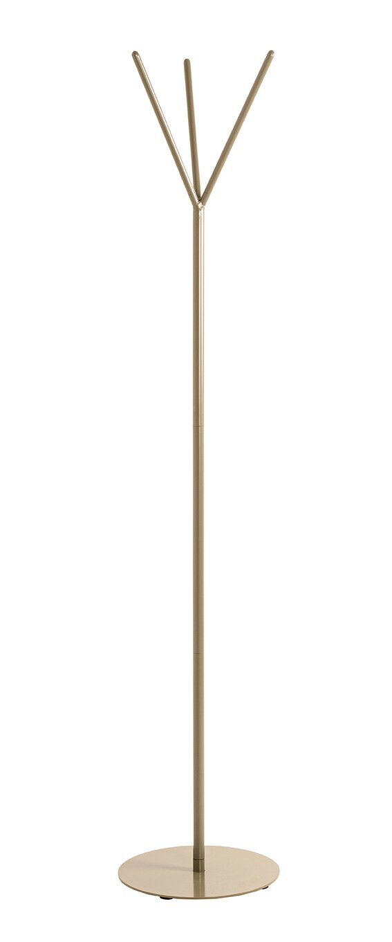 Moderner Garderobenständer in Beige/Champagner mit drei Haken und rundem Standfuß, freigestellt auf weißem Hintergrund, Frontansicht.