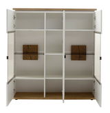 Offenes Highboard Novel MATADI mit weißen Regalfächern, Glastüren und Holzelementen, frontale Ansicht.