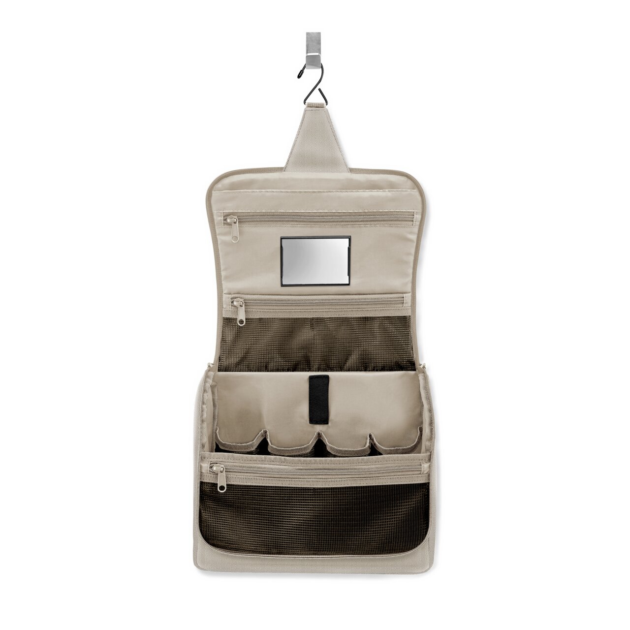 Reisenthel Toiletbag XL HERRINGBONE SAND Geöffnete sandfarbene Kulturtasche mit mehreren Fächern und Haken zum Aufhängen, Vorderansicht