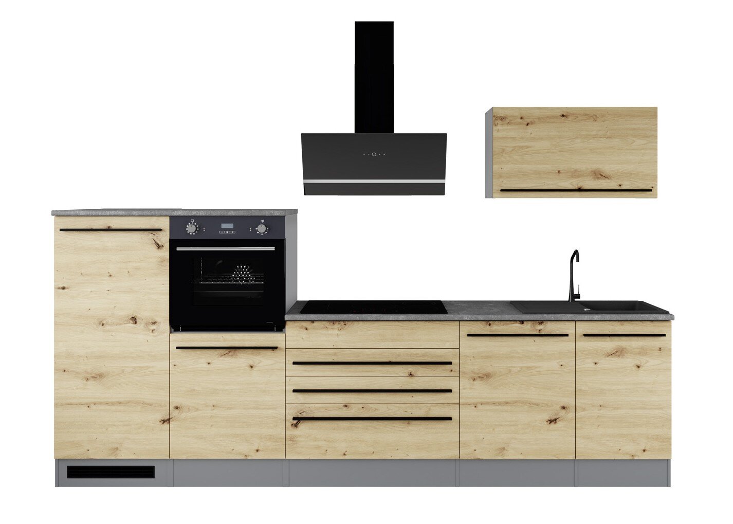 Yourkitchen Küchenblock 320 PREMIUM JAZZ Moderne Küchenzeile in heller Holzoptik mit grauer Arbeitsplatte, integriertem Backofen und Kochfeld, Spüle mit schwarzer Armatur sowie schwarzer Wandhaube und Hängeschrank, frontale Ansicht.