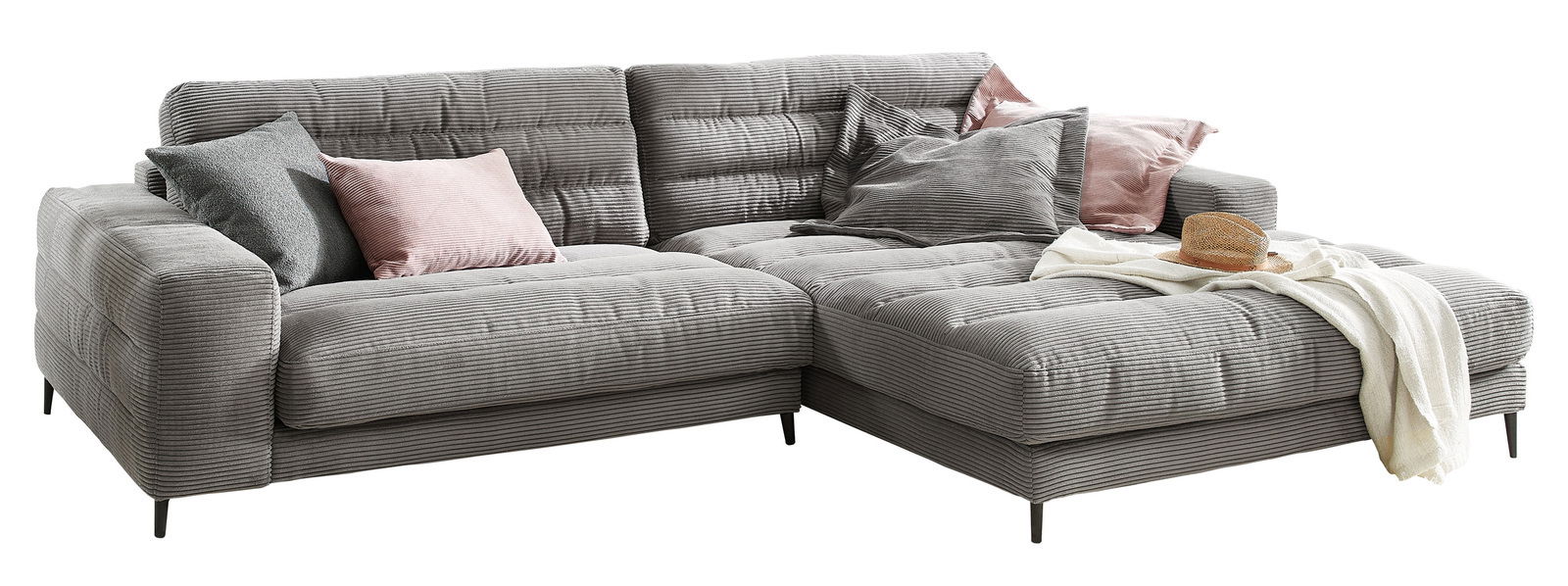 Graue Longchairkombination mit mehreren Kissen in verschiedenen Farben, aus einer leicht seitlichen Perspektive fotografiert.