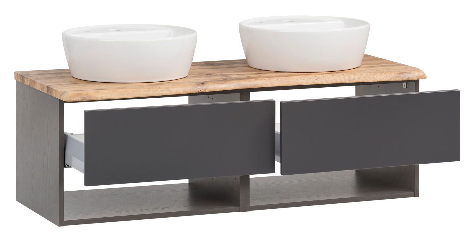 Waschtisch-Set mit zwei weißen Aufsatzwaschbecken auf einer Holzplatte und zwei offenen Schubladen, seitliche Perspektive