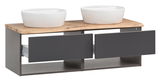 Waschtisch-Set mit zwei weißen Aufsatzwaschbecken auf einer Holzplatte und zwei offenen Schubladen, seitliche Perspektive