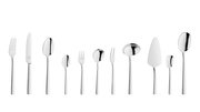 Elegantes 68-teiliges Besteckset King aus Edelstahl, frontal abgebildet mit verschiedenen Besteckteilen wie Messer, Gabeln, Löffeln und Servierutensilien.