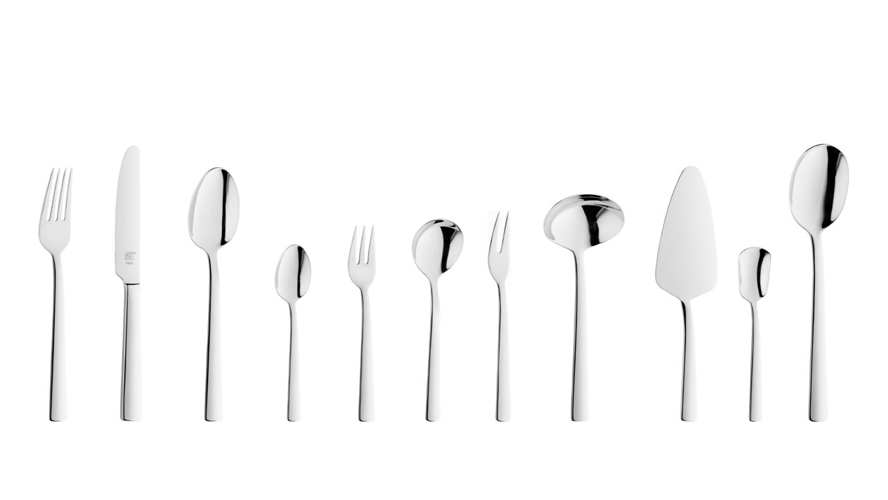 Elegantes 68-teiliges Besteckset King aus Edelstahl, frontal abgebildet mit verschiedenen Besteckteilen wie Messer, Gabeln, Löffeln und Servierutensilien.