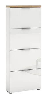 Moderner weißer Schuhschrank mit vier Klappen und Holzoberfläche, seitliche Perspektive