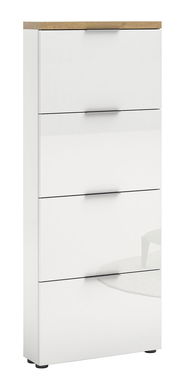 Moderner weißer Schuhschrank mit vier Klappen und Holzoberfläche, seitliche Perspektive