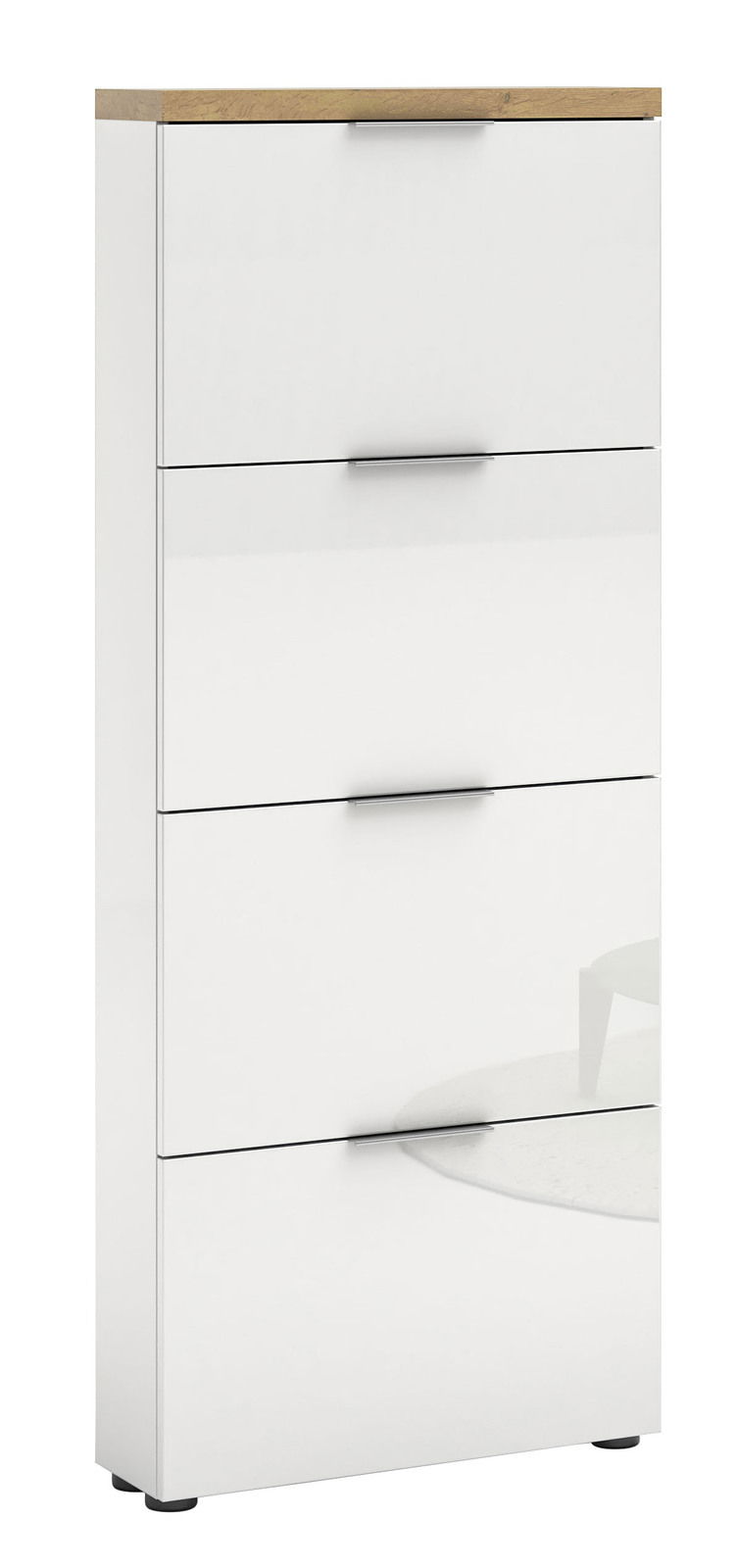 Moderner weißer Schuhschrank mit vier Klappen und Holzoberfläche, seitliche Perspektive