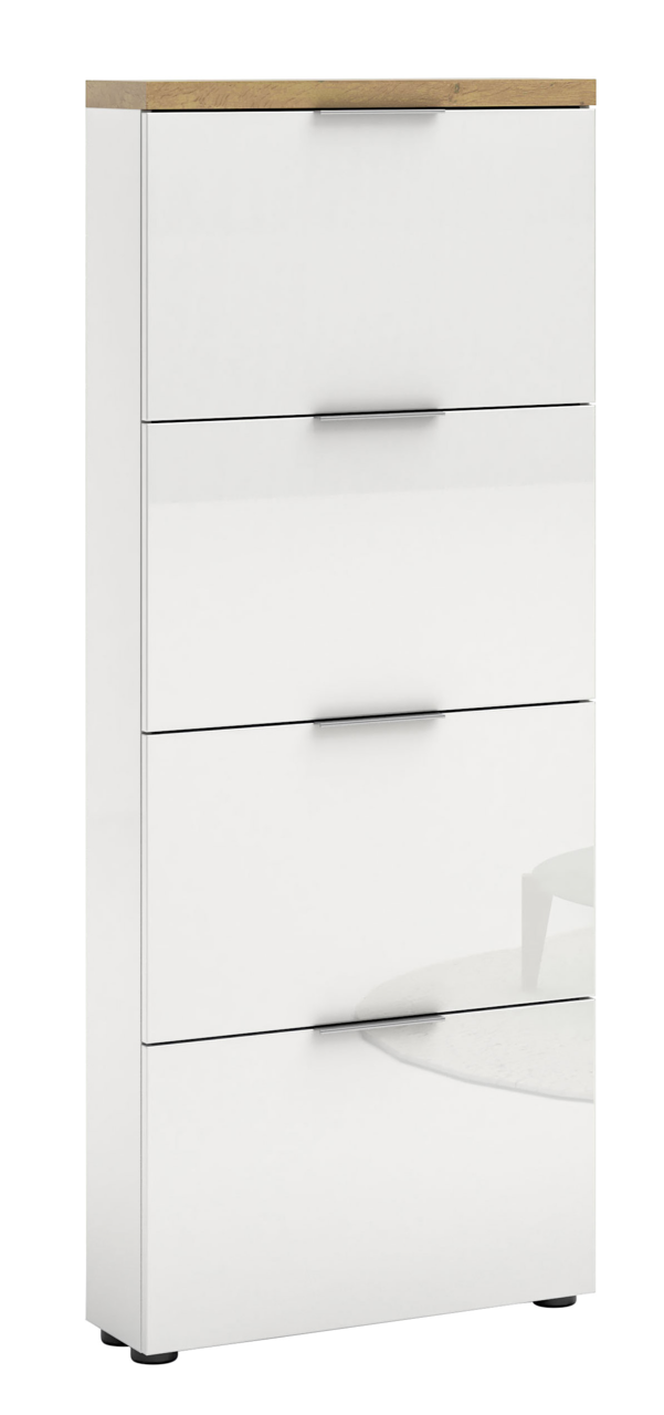 XORA Schuhschrank IDEA Moderner weißer Schuhschrank mit vier Klappen und Holzoberfläche, seitliche Perspektive