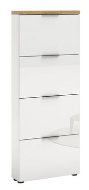 Moderner weißer Schuhschrank mit vier Klappen und Holzoberfläche, seitliche Perspektive