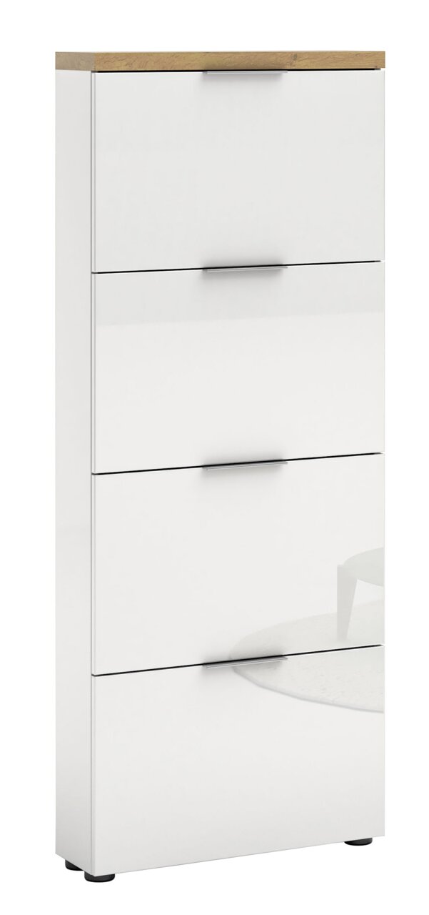 Moderner weißer Schuhschrank mit vier Klappen und Holzoberfläche, seitliche Perspektive