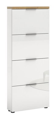 Moderne witte schoenenkast met vier kleppen en een houten afwerking, zijaanzicht