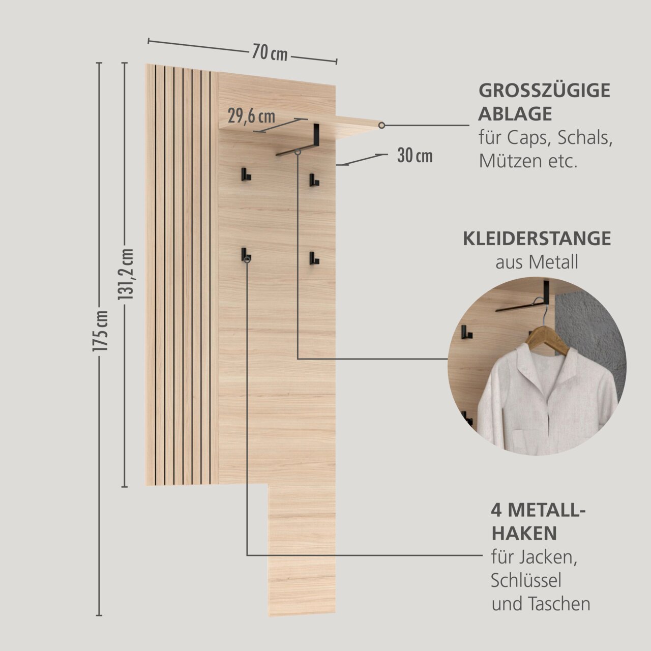 Wandgarderobe in heller Holzoptik mit Lamellen-Design, Ablage und Metall-Kleiderstange sowie 4 Metallhaken, Maße ca. 175 x 70 cm, Frontansicht mit leicht seitlicher Perspektive.