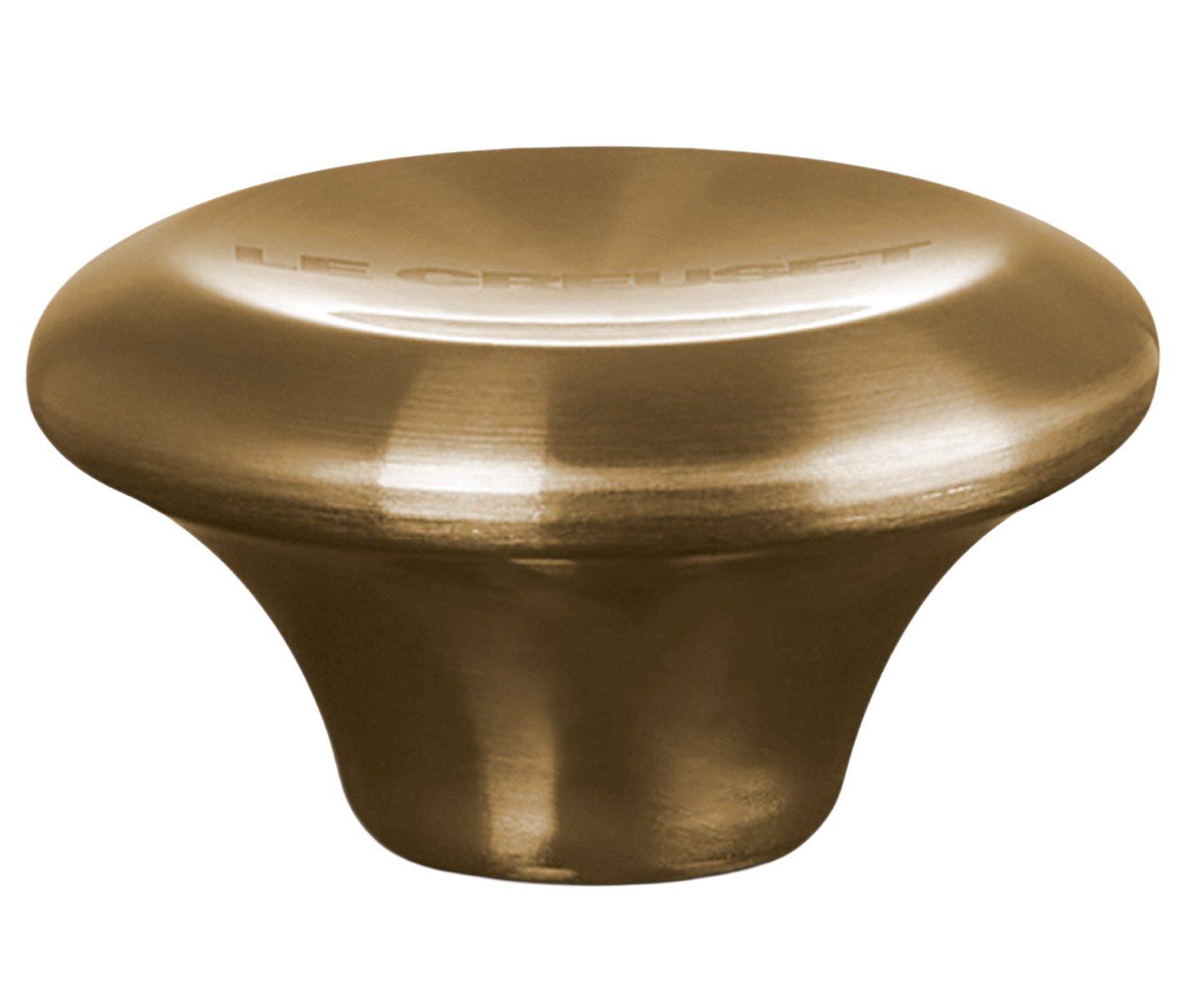 Goldener Deckelknopf mit eingraviertem Schriftzug, seitliche Perspektive