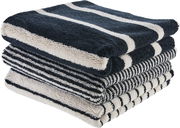 Gestapelte Handtücher mit schwarzen und weißen Streifen, seitliche Perspektive