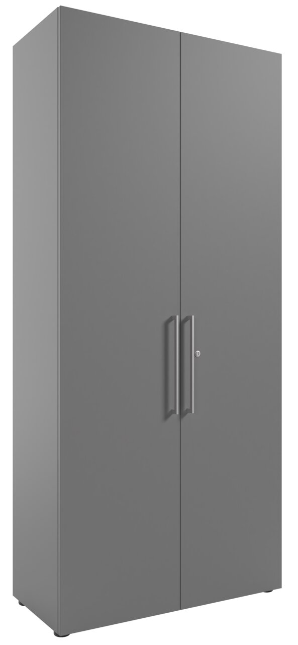 Grauer, hoher Aktenschrank mit zwei Türen, Frontalansicht