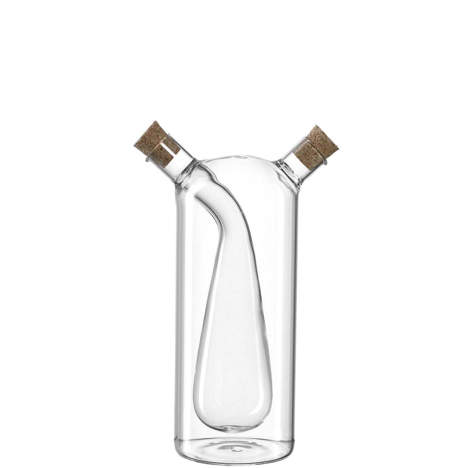 Essig- und Ölflasche 2in1 aus Glas mit zwei Korkverschlüssen, frontale Ansicht