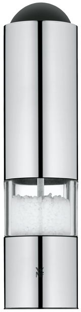 Elektrische Mühle aus Edelstahl mit transparentem Mittelteil, gefüllt mit Salz, in Frontalansicht.