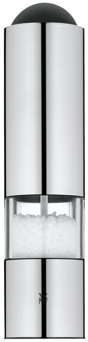 Elektrische Mühle aus Edelstahl mit transparentem Mittelteil, gefüllt mit Salz, in Frontalansicht.